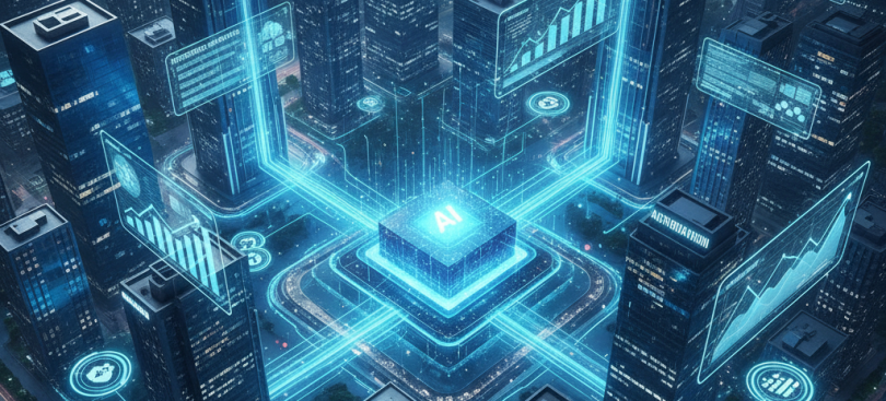 Illustration of a night city skyline seen from above, with glowing blue light trails linking skyscrapers to a central hub and floating chart panels