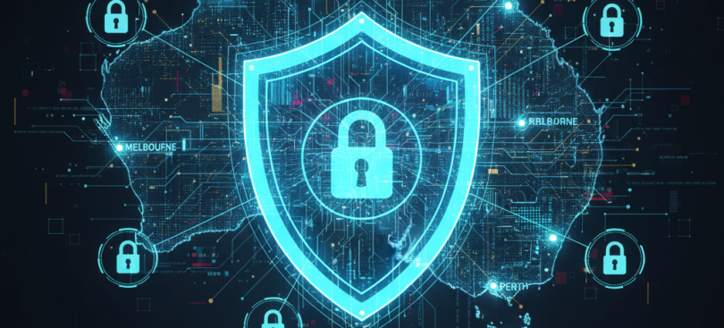 Illustration of a glowing padlock inside a shield over a digital map of Australia, ringed by padlock icons and labelled capital cities