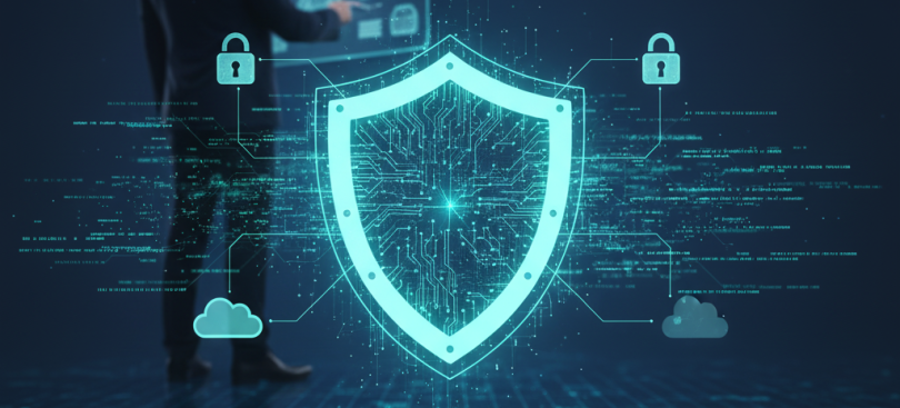 Illustration of a man in a suit at a touchscreen beside a glowing shield, padlock and cloud icons on a dark blue digital grid